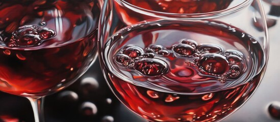 Red wine glasses with bubbles and reflections on a sleek glass table showcasing rich textures and colors in an elegant setting