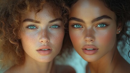 Obraz premium Attractive models with flawless skin pose for a fashion shoot, highlighting beauty and style.