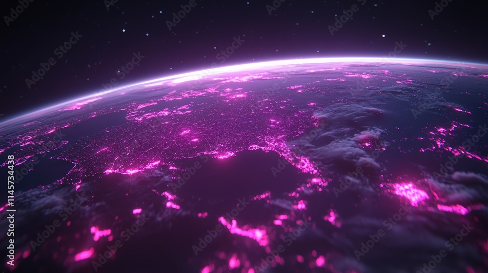 Poster planet earth at night illuminated with magenta lights seen from space with visible clouds and starry