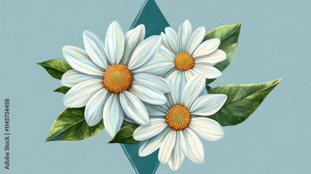 Poster triangular lazy daisy flower arrangement with leaves on a soft blue background for a charming decora