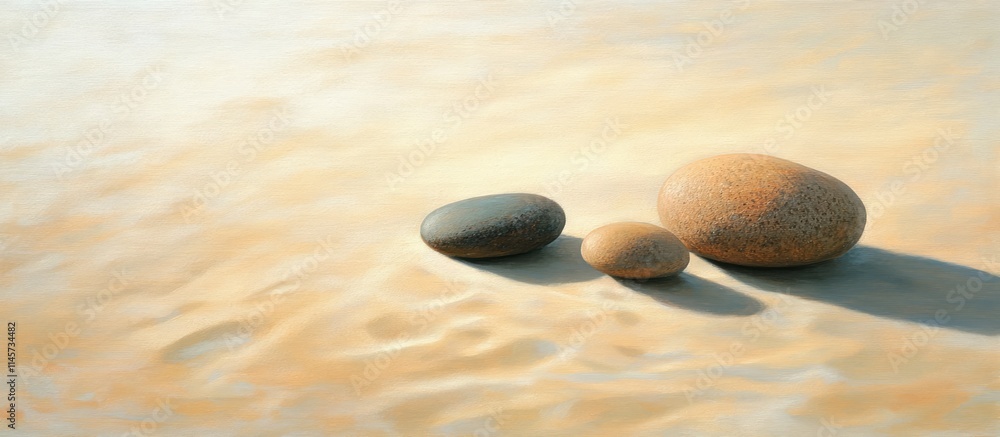 Poster smooth pebbles on sandy beach with gentle waves creating a serene and tranquil coastal atmosphere id