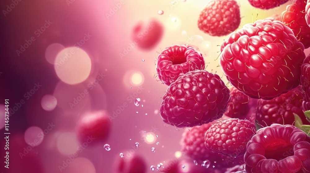 Poster vibrant background featuring fresh ripe raspberries with droplets highlighting their juicy texture a