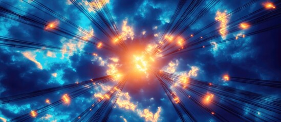 Fototapeta premium Electric transformer wires against a vibrant blue sky showcasing the essence of electricity infrastructure and advanced technology