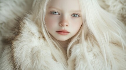 Slavic albino girl with long hair in a fur jacket, posing elegantly for a photo. Ideal for children's fashion campaigns, winter apparel ads, and diversity awareness initiatives