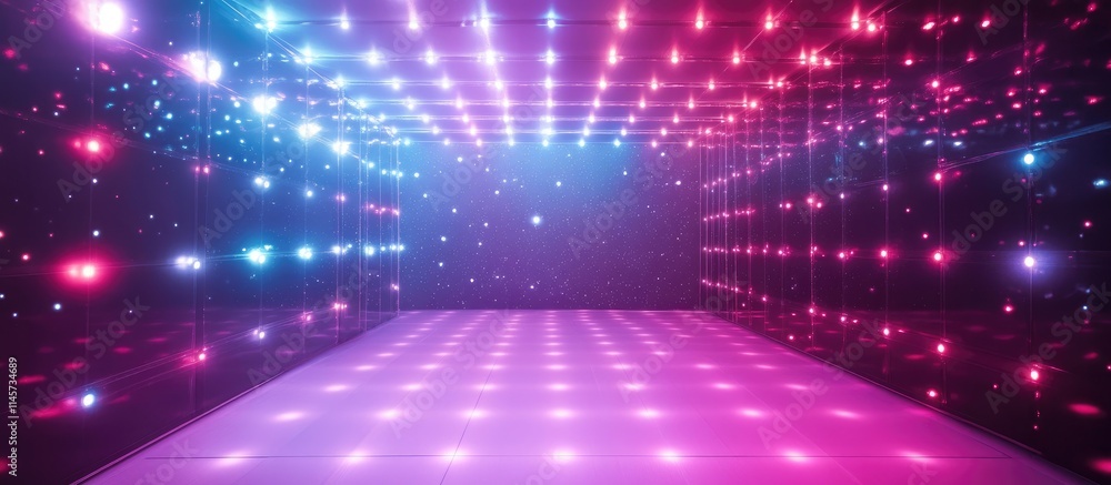 Poster vibrant abstract disco backdrop with glowing bokeh lights and star effects creating an energetic atm