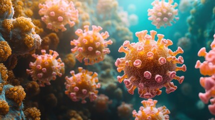 Obraz premium Microscopic view of virus particles in water.