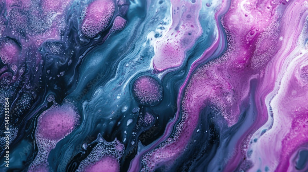 Poster colorful abstract acrylic paint composition with vibrant pigments creating fluid patterns in deep bl