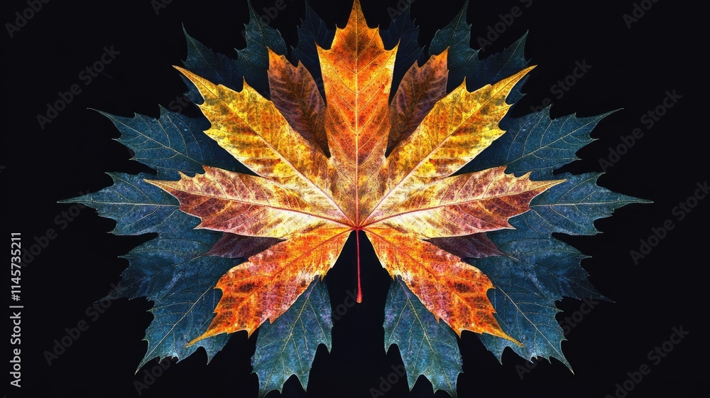 Poster vibrant autumn maple leaf design showcasing a blend of warm colors and intricate patterns against a 