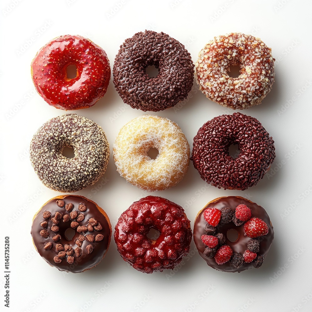 Poster a vibrant assortment of nine colorful donuts arranged in a grid pattern.