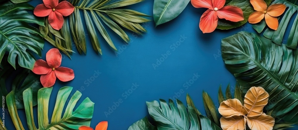 Poster colorful artificial flowers and leaves arranged in a flat lay design creating a decorative frame wit