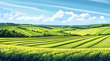 Fototapeta premium Vibrant summer landscape of lush green agricultural fields showcasing thriving crops under a clear blue sky and rolling hills.