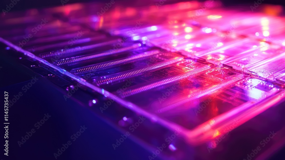 Poster a high-tech microchip design with nanofiber pathways glowing under ultraviolet light, symbolizing ad