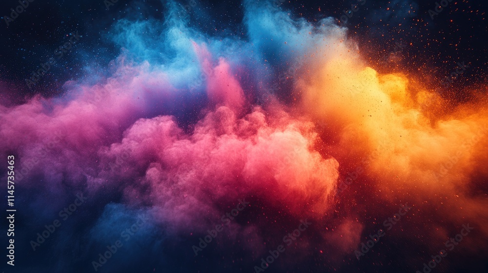 Poster vibrant color powder explosion creating a dynamic cloud effect with a mesmerizing blend of pink oran