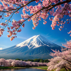 mount Fuji with cherry blossoms in full bloom