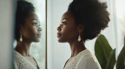 Young black woman standing and looking at mirror indoors