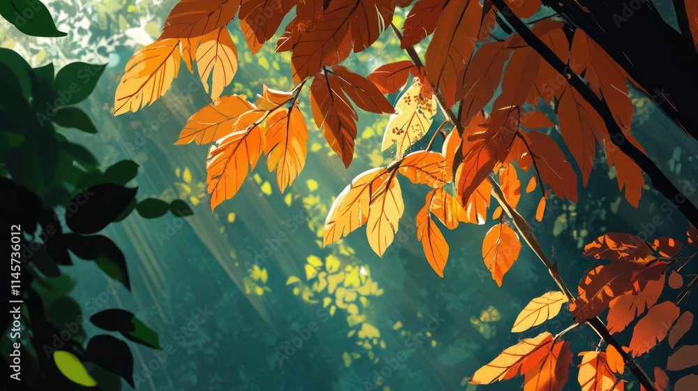 Poster autumn leaves illuminated by sunlight in a serene forest setting creating a warm and tranquil atmosp