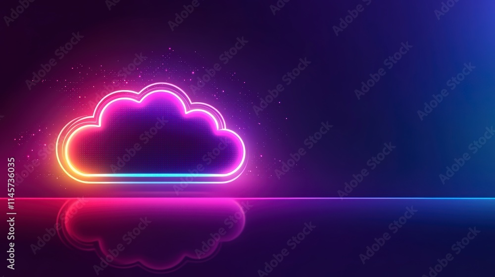 Poster a vibrant neon cloud icon glows against a dark, futuristic backdrop, its reflection shimmering on a 