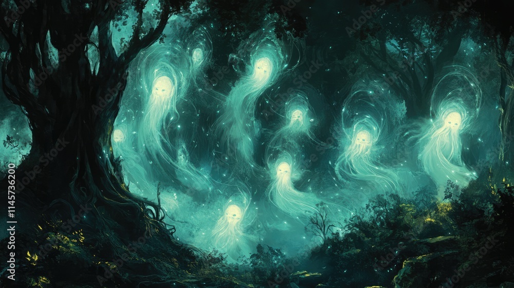 Poster ethereal wisps floating in a mystical forest at night creating an enchanting and atmospheric backgro