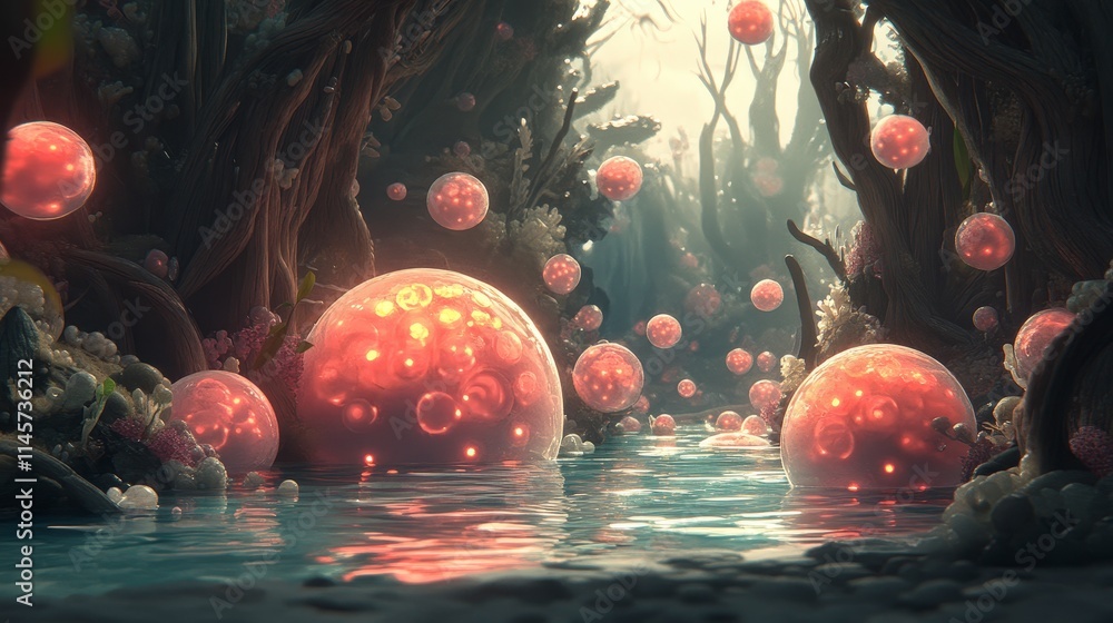 Poster glowing orbs float down a mystical forest stream. ethereal light illuminates twisted roots and stran