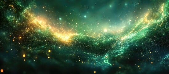 Naklejka premium Cosmic green and gold abstract backdrop ideal for Christmas and festive themes with a magical and dreamy atmosphere