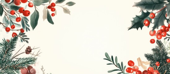 Fototapeta premium Holiday postcard backdrop with festive botanical elements for seasonal designs and personalized messages.