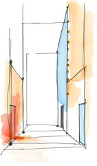Watercolor City Alleyway Sketch: Serene Minimalist Illustration. AI Generated