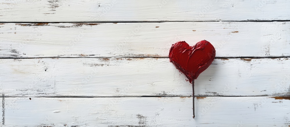Poster red heart on rustic white wooden surface creating a blank space for text or message about love and a