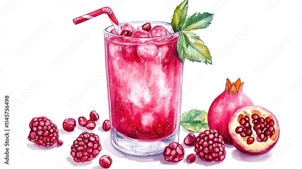 Poster raspberry and pomegranate juice smoothie with fresh berries and mint garnish on a white background