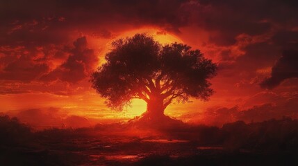 Fototapeta premium Majestic tree silhouette against a vibrant sunset representing the cycle of life and death in nature's beauty