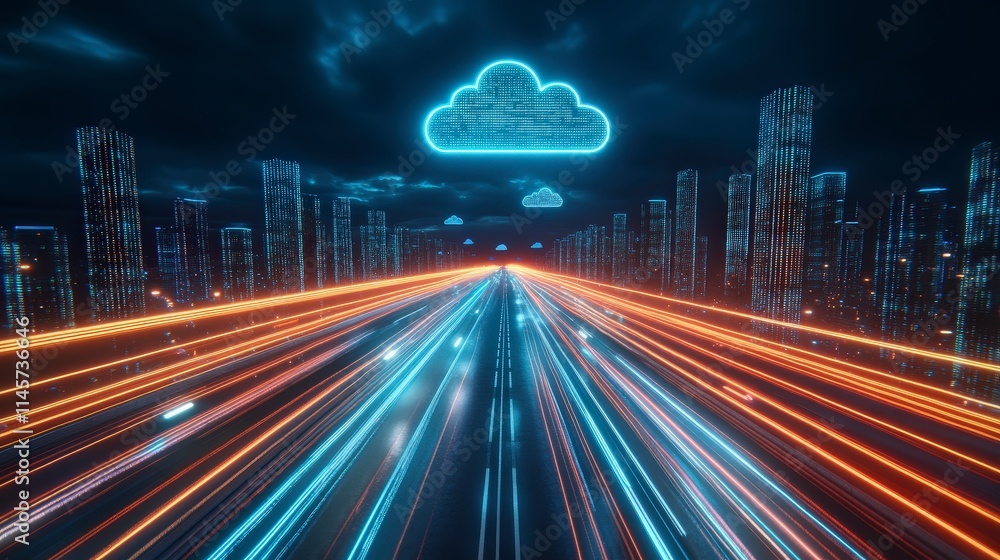 Poster fast highway leading to a futuristic city skyline with glowing digital clouds symbolizing cloud comp