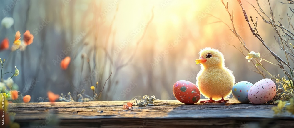 Poster chick surrounded by colorful easter eggs on a rustic wooden table in a serene spring setting with so