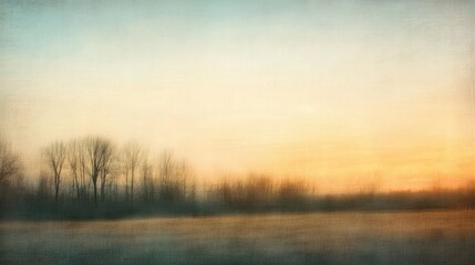 Fototapeta premium Softly blurred vintage sunset over a tranquil meadow with silhouettes of trees creating a serene natural landscape atmosphere.