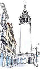 Obraz premium Elegant City Tower: Detailed Hand-Drawn Illustration. AI Generated