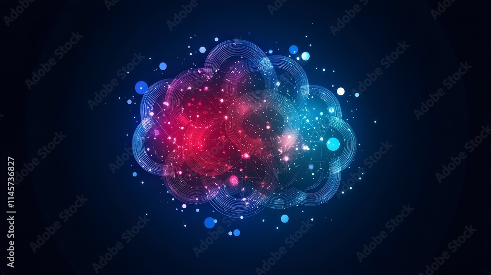 Poster abstract glowing blue and red cloud shape with particles and network connections on dark background.