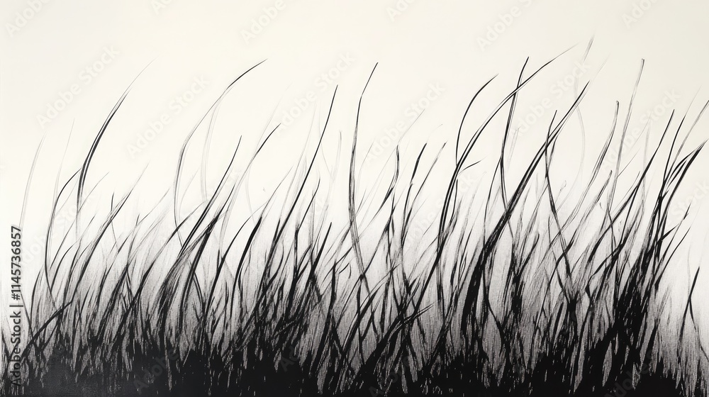 Poster monochrome silhouettes of tall grass swaying against a light background creating a serene and minima