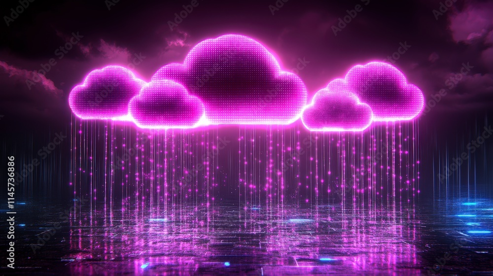 Poster pink glowing digital cloud raining data onto a futuristic grid floor. concept of cloud computing, da