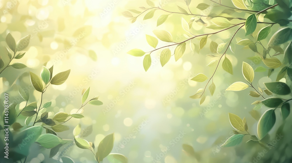 Poster soft green foliage bokeh background with vibrant leaves and gentle light creating a tranquil and dre