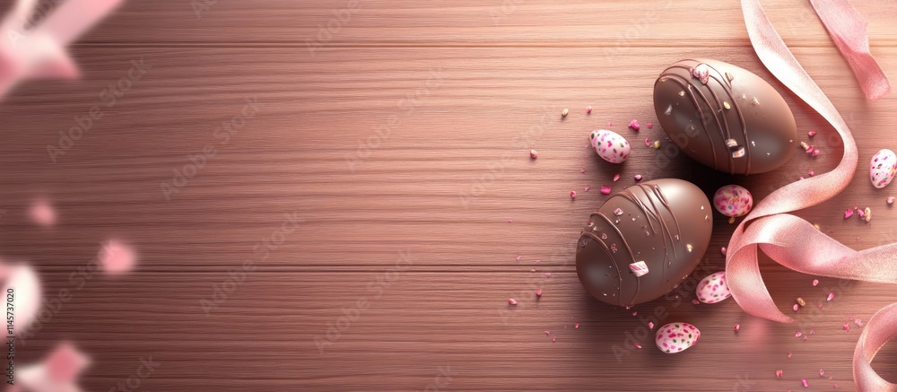 Poster chocolate easter eggs with ribbon and colorful candies on a rustic wooden background creating a fest