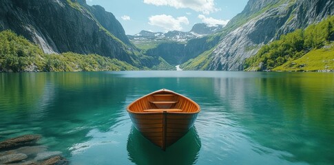 A serene lake scene with a wooden boat surrounded by majestic mountains and clear waters.