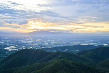 Beautiful Sky in twilight times and Sunset Over the Doi Suthep Mountains in the Evening at Chiangmai Northern Thailand