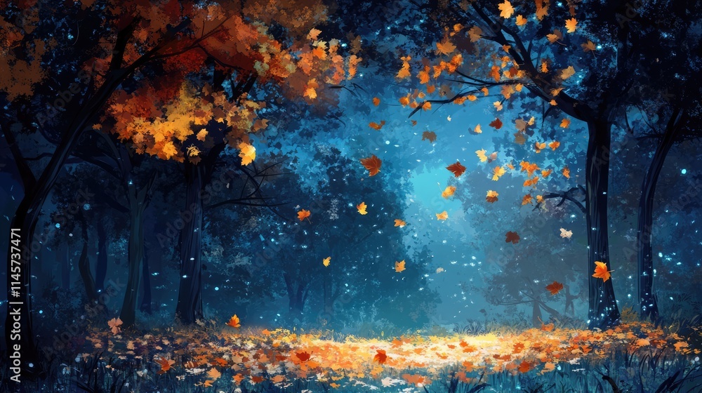 Poster autumn night in a serene park with falling maple leaves illuminated by soft moonlight creating a mag