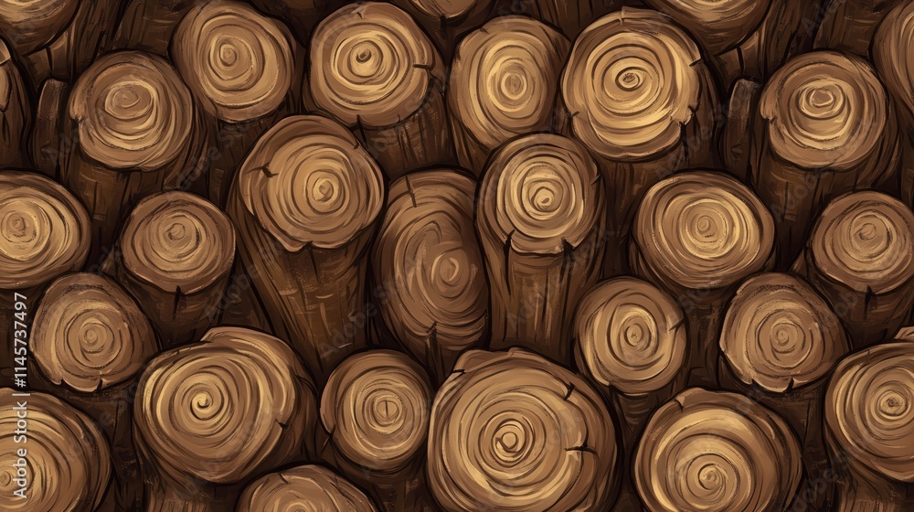 Poster stacked wooden logs textured background with circular patterns representing nature and rustic decor 
