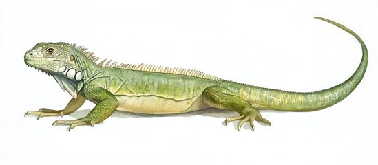 Obraz premium Realistic illustration of a green iguana showcasing its detailed features and coloration on a white background.