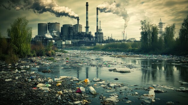 A polluted river flowing through an industrial area, with plastic waste, oil slicks, and smoke stacks in the background, symbolizing environmental degradation. 
