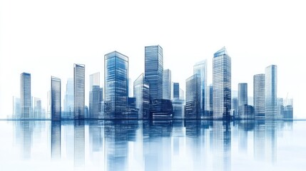Fototapeta premium Modern Urban Skyscraper Cityscape with Reflective Water Surface in a Minimalist Design Setting
