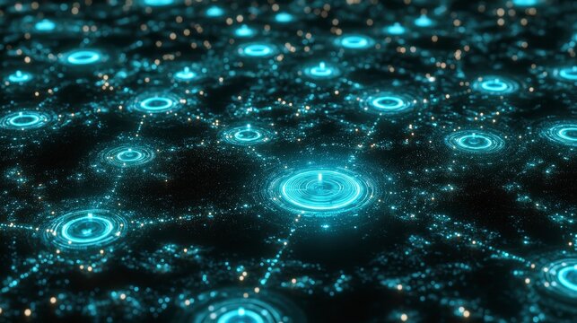 A futuristic dark surface with glowing turquoise circles interconnected by thin lines creating a network or grid pattern. Tiny sparkling dots illuminate the background. - Powered by Adobe