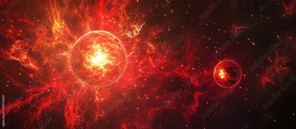 Poster vibrant red glowing spheres and sparkling stars creating a dynamic cosmic fireworks backdrop for cel
