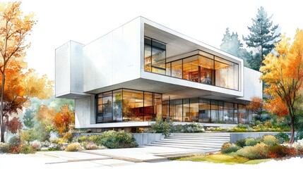 Modern Architectural Watercolor Painting: Autumnal Luxury Home Design