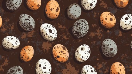 Creative quail egg pattern with speckled designs on a dark brown background for decorative or artistic purposes.