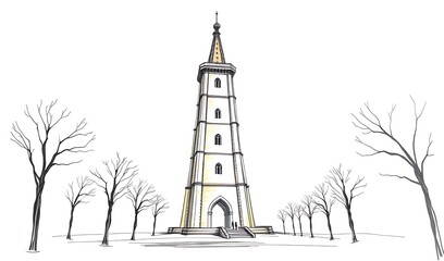 Obraz premium Elegant Hand-Drawn Sketch: Tall Tower Winter Landscape. AI Generated